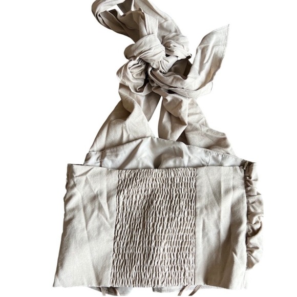 Criss Cross Halter Top Sleeveless Cotton Linen Blend Neutral Beige Size S - Picture 6 of 6